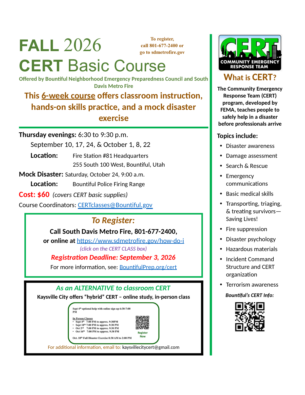 Fall 2026 CERT Basic Course flyer